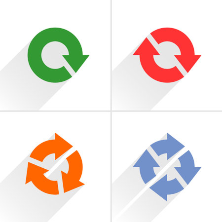 4 color arrow loop, refresh, reload, rotation icon. Volume 04. Flat icon with gray long shadow on...