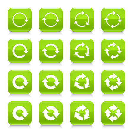 16 arrow reload, rotation icon set 04. White sign on green rounded square button with gray reflection, black shadow on white background. Glossy style. Vector illustration web design elementのイラスト素材