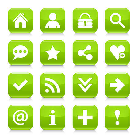 16 basic icon set 05. White sign on green rounded square button with gray reflection, black shadow on white background. Glossy style. Vector illustration web design elementのイラスト素材