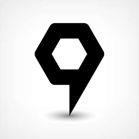 Map pin location sign rounded hexagon icon in flat style. Simple black shapes with gray gradient oval shadow on white background.のイラスト素材