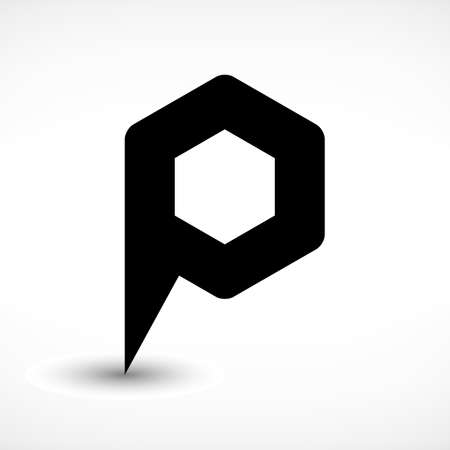 Map pin location sign rounded hexagon icon in flat style. Simple black shapes with gray gradient oval shadow on white background. This web design element vector illustrationのイラスト素材