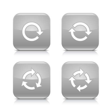 4 arrow icon. White repeat, reload, rotation, refresh sign. Set 02. Gray rounded square button with gray reflection, black shadow on white background. Vector illustration web design elementのイラスト素材