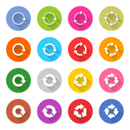 16 arrow icon set 04 white sign on color. Web internet button on white background. Simple minimalistic mono flat long shadow style. Vector illustration internet design graphic elementのイラスト素材