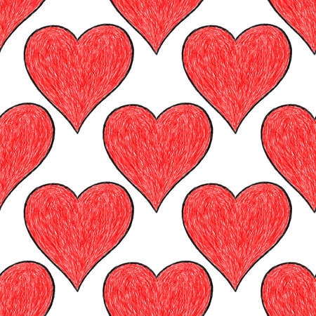 Seamless pattern with red heart sign with black line contour isolated on white background. Hand drawn graphic design element save in vector illustrationのイラスト素材