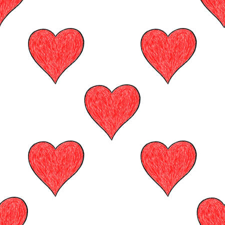 Seamless pattern with red heart sign with black line contour isolated on white background. Hand drawn graphic design element save in vector illustrationのイラスト素材