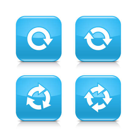 4 arrow icon. White repeat, reload, refresh, rotation sign. Set 03. Blue rounded square button with gray reflection, black shadow on white background. Vector illustration web design element in 8 epsのイラスト素材