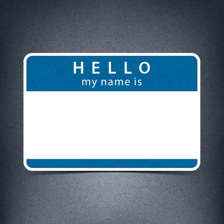 Blue blank name tag sticker HELLO my name is. Rounded rectangular badge with gray drop shadow on dark black background. Vector illustration clip-art element for design in 10 epsのイラスト素材