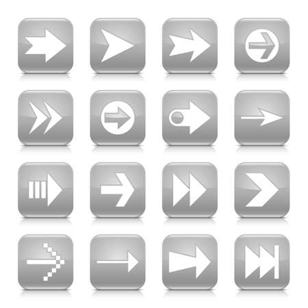 16 arrow icon set 02. White sign on blue rounded square button with gray reflection, black shadow on white background. Glossy style. Vector illustration web design element save in 8 epsのイラスト素材
