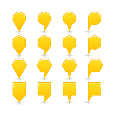Flat yellow color map pin sign location icon with gray shadow and reflection isolated on white background. Web design element save in vector illustration 8 epsの写真素材