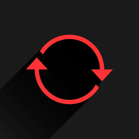 Red arrow icon reload, refresh, rotation, reset, repeat sign. Web pictogram with long shadow on black background. Simple, solid, plain, flat style. Vector illustration graphic design 8 epsのイラスト素材