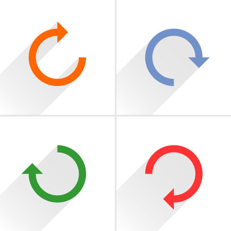 4 arrow icon refresh, rotation, reset, repeat, reload sign set 02. Orange, blue, green, red colors...
