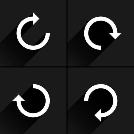 4 arrow icon refresh, rotation, reset, repeat, reload sign set 01. White pictogram with black long shadow on gray background. Simple, plain, solid, flat style. Vector illustration web design 8 epsの写真素材