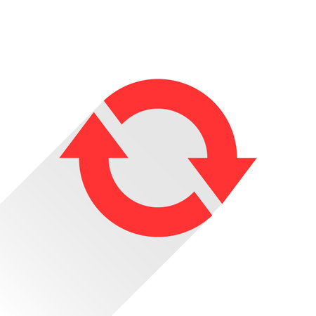 Red arrow icon reload, refresh, rotation, reset, repeat sign. Web pictogram with gray long shadow on white background. Simple, solid, plain, flat style. Vector illustration graphic design 8 epsの写真素材