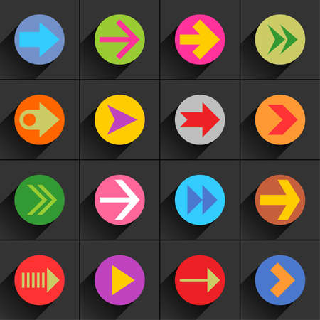 16 arrow flat icon with long shadow. Blue, green, pink, orange, brown, yellow, violet, purple, red, cobalt, magenta signs on dark gray background Vector illustration web design element 8 epsのイラスト素材