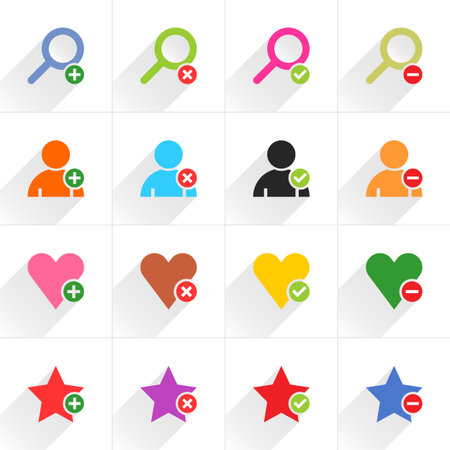 16 additional sign flat icon with gray long shadow. Blue, green, pink, orange, brown, yellow, violet, purple, red, cobalt, magenta signs on white background Vector illustration web internetのイラスト素材
