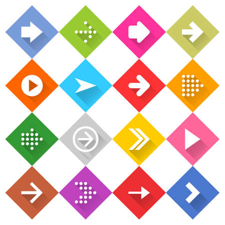Flat arrow icon 16 set rounded rhombus web button on white background. Simple minimalistic mono long shadow style. Vector illustration internet design graphic element 10 epsの写真素材