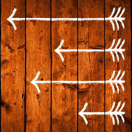 White brushstroke painted set of arrows signs on brown realistic texture wood planks with natural structure. Vector illustration design elements save in 10 epsのイラスト素材