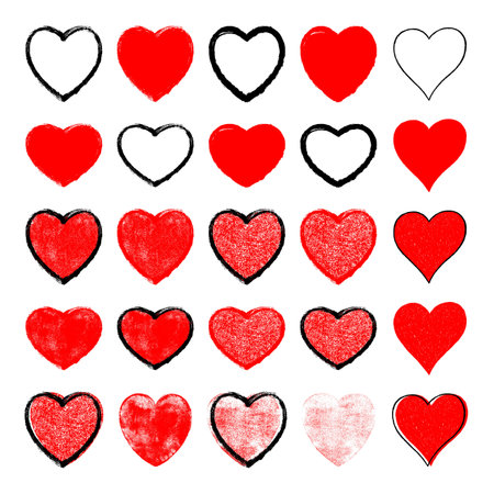 Use it in all your designs. Set red hearts signs with black contour and texture created in handmade...