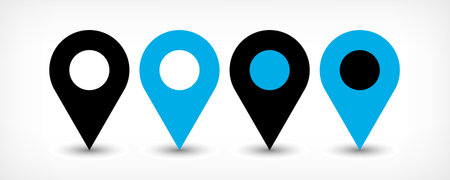 Map pin sign location icon with gray shadow in flat simple style. Four variants in two color black and blue rounded shapes isolated on white background. Vector illustration web design element 8 EPSのイラスト素材