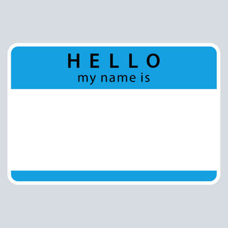 Use it in all your designs. Blue blank name tag sticker HELLO my name is rounded rectangular badge. Quick and easy recolorable graphic element in technique vector illustrationのイラスト素材