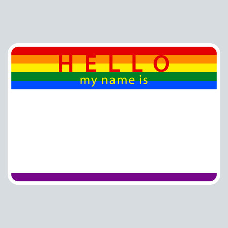Use it in all your designs. Blank name tag sticker HELLO my name is rectangular badge painted in the colors of the LGBT movement rainbow flag. Quick recolorable element in vector illustrationのイラスト素材