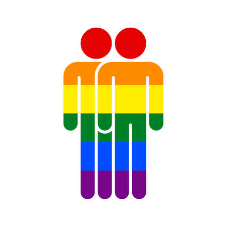 Use it in all your designs. Two man figures painted in the colors of the LGBT movement rainbow flag. Quick and easy recolorable graphic element in technique vector illustrationのイラスト素材