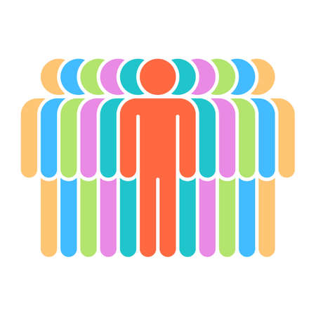 Logotype in the form of eleven people painted in yellow, blue, green, violet, red colors. Quick and easy recolorable graphic element in technique vector illustrationのイラスト素材
