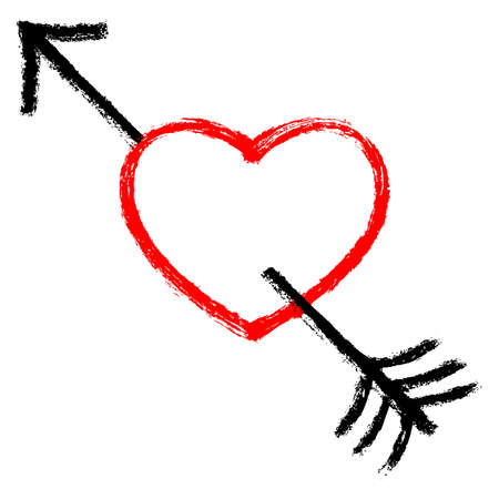 Use it in all your designs. Red heart pierced by an black arrow. Popular symbol created with texture in handmade watercolor technique. Vector illustration a graphic element.のイラスト素材