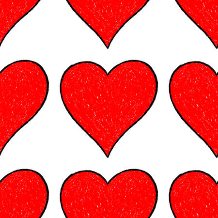 Use it in all your designs. Sketch drawing seamless pattern with red heart sign with contour. Quick and easy recolorable shape. Vector illustration a graphic elementのイラスト素材