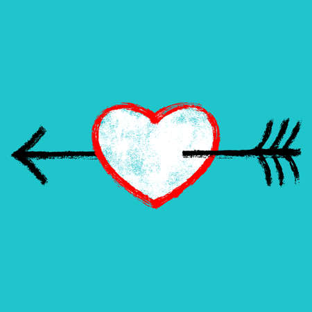 Use it in all your designs. Red heart pierced by an black arrow. Popular symbol created with texture in handmade watercolor technique. Vector illustration a graphic element.のイラスト素材