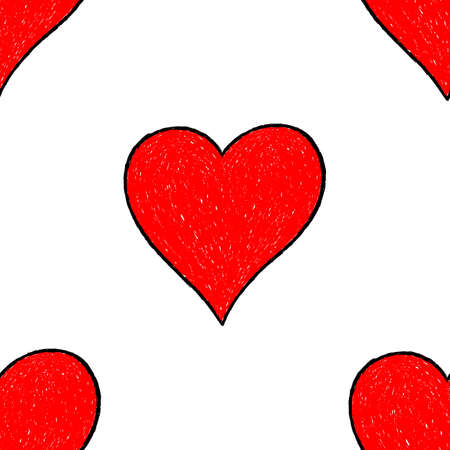 Use it in all your designs. Sketch drawing seamless pattern with red heart sign with contour. Quick and easy recolorable shape. Vector illustration a graphic elementのイラスト素材