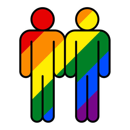 Use it in all your designs. Two man figures painted in the colors of the LGBT movement rainbow flag. Quick and easy recolorable graphic element in technique vector illustrationのイラスト素材