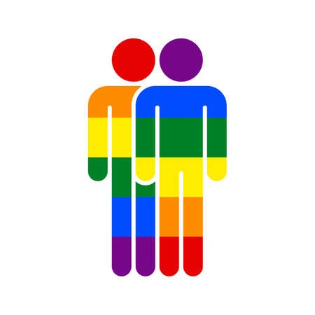 Use it in all your designs. Two man figures painted in the colors of the LGBT movement rainbow flag. Quick and easy recolorable graphic element in technique vector illustrationのイラスト素材
