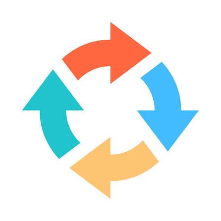 Use it in all your designs. Colored arrows reload, refresh, rotation, loop, repetition, reset etc signs created in flat style. Quick and easy recolorable shapes. Vector illustration a graphic elementのイラスト素材