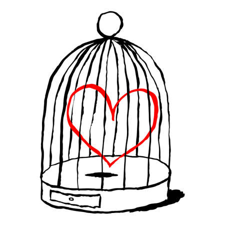 Red heart is sad in birds cage isolated on white background. Funny greeting card for feast of Saint Valentine Day. Sketch drawing was drawn with brush and ink and saved as a vector illustrationのイラスト素材