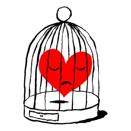 A red heart is sad in the cage for the bird isolated on white background. Greeting card for the holiday feast of Saint Valentine Day. Sketch drawing was drawn with the brush and ink.のイラスト素材