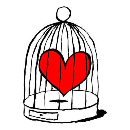 Red heart is sad in cage for birds. Funny and amusing greeting card for feast of Saint Valentine Day. Sketch drawing was drawn with the brush and ink. Graphic element is saved as a vector illustrationのイラスト素材