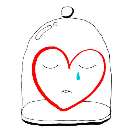 Red heart is crying under a glass bell jar. Funny greeting card for the holiday feast of Saint Valentine Day. Sketch drawing was drawn with the brush and ink and saved as a vector illustrationのイラスト素材