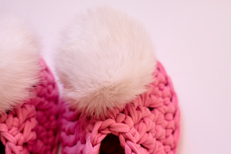 Pink women's slippers. Comfortable shoes for girls at homeの写真素材