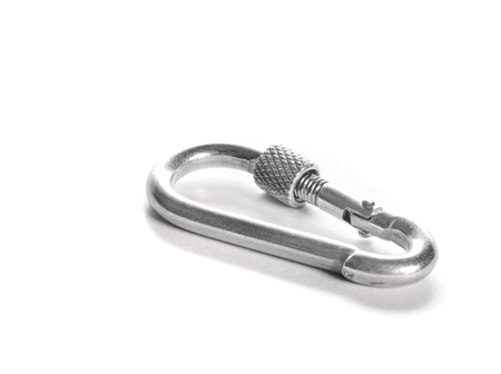 Isolated mountaineering in two object metal carbine is fastened. Set of climbing and camp photography with a white backgroundの写真素材