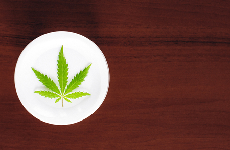 Jar of hemp white lotion. Detail of cannabis cream with marijuana leaf - cannabis topicals concept. Cream from biological and ecological plants of hemp vegetable pharmaceutical oil CBDの写真素材