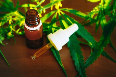 Cannabidiol CBD oil with a pipette on background of marijuana, hemp oil extracts in jar. Medical marijuana products including cannabis leaf, alternative medicineの写真素材
