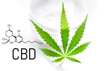 CBD Cannabis cream with marijuana green leaf. Molecular structure medical chemistry formula cannabis of the formula CBD cannabidiol. Natural cosmetics with hemp extract on white backgroundの写真素材