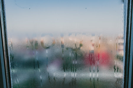Moist word written on wet window. High level of dampness in apartment. Window glass with high air...
