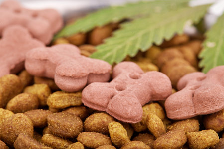Concept of animal feed, vitamins with CBD oil and cannabis. Cannabidiol with the pet. Cannabinoid...