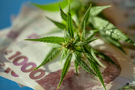 Marijuana business concept. Marijuana sales, revenues and profits from medical cannabis cultivation. Cannabis leaves and Ukrainian hryvnia banknotesの写真素材