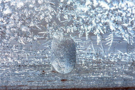 Beautiful natural background or texture of frozen transparent glass on the window in winter, strong cold concept, horizontal image, copy space for your design or textの写真素材