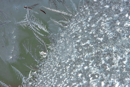 Beautiful natural background or texture of frozen transparent glass on the window in winter, strong cold concept, horizontal image, copy space for your design or textの写真素材