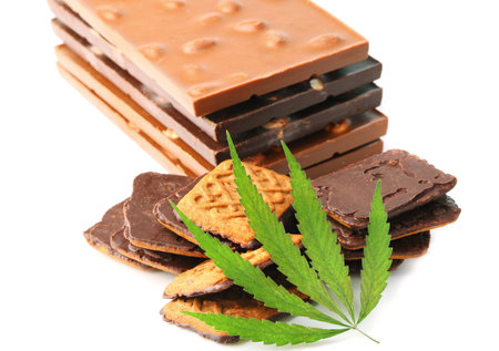 Edible cannabis from marijuana leaf with CBD content and edible chocolate on white isolated background. Hemp leaf and chocolate-coated cookiesの写真素材