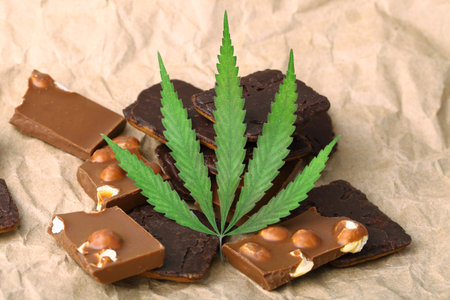 Pieces of delicious chocolate and cookies on the background of wrapping paper with a green hemp leaf. Cannabis Leaf Vegan Chocolate with CBD Supplement and Green Marijuana Leavesの写真素材